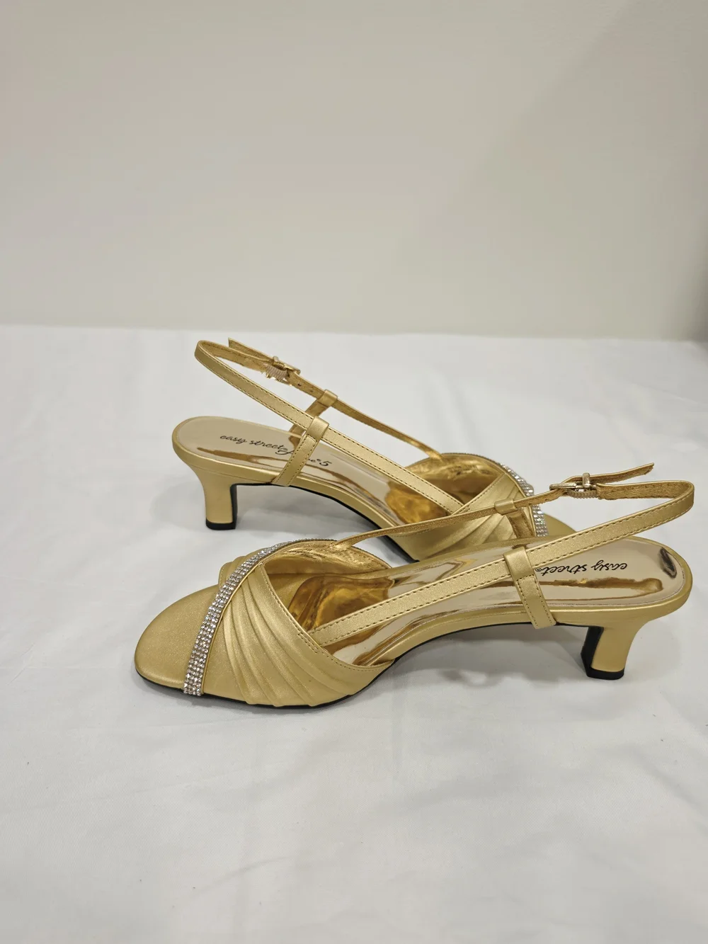 easy street Gold Satin Delite Slingback Heels with Rhinestone Band